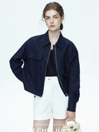 chicjuly Blue Harrington Drawstring Short Women's Linen Utility Jackets