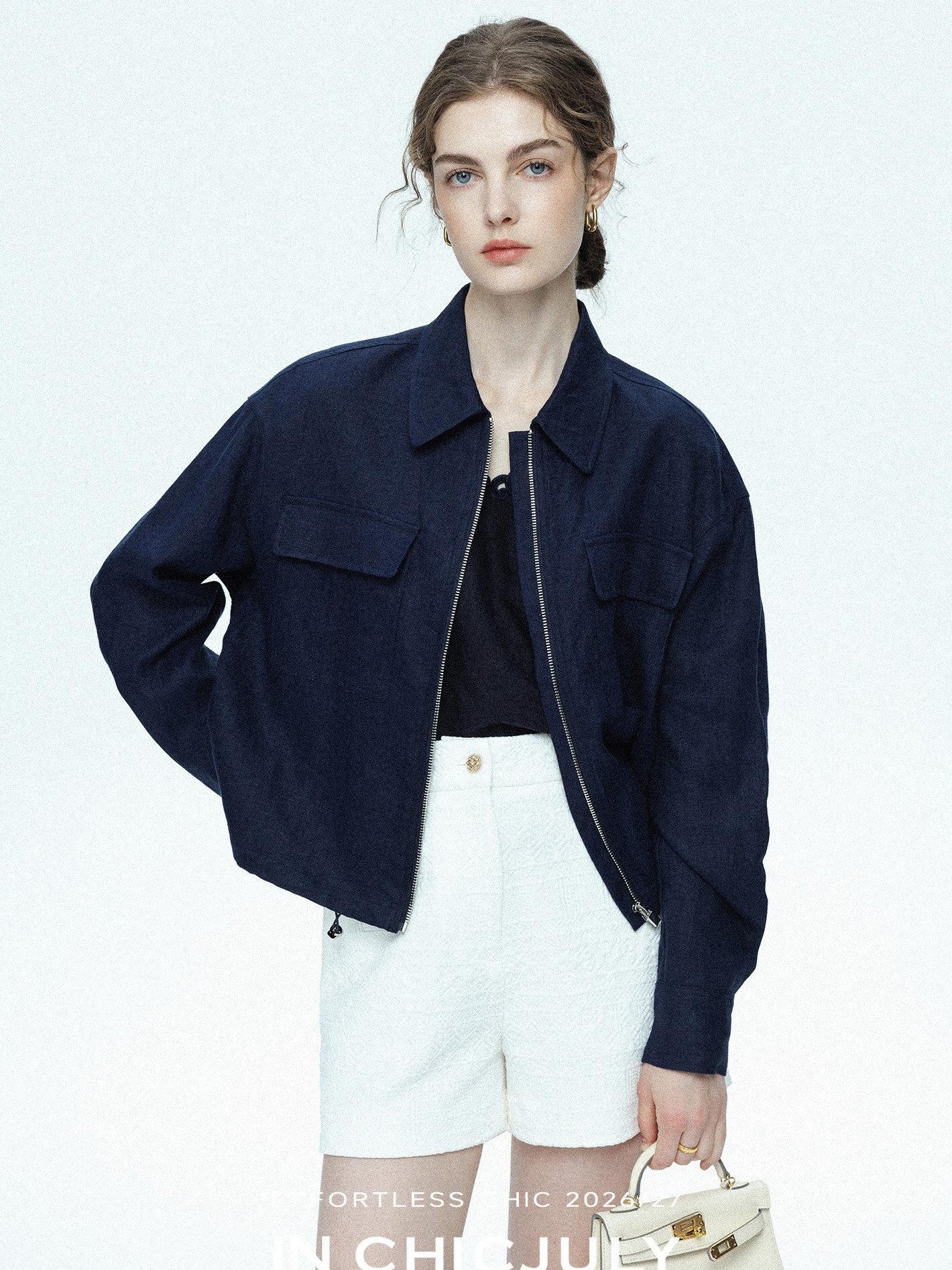 chicjuly Blue Harrington Drawstring Short Women's Linen Utility Jackets