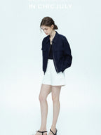 chicjuly Blue Harrington Drawstring Short Women's Linen Utility Jackets