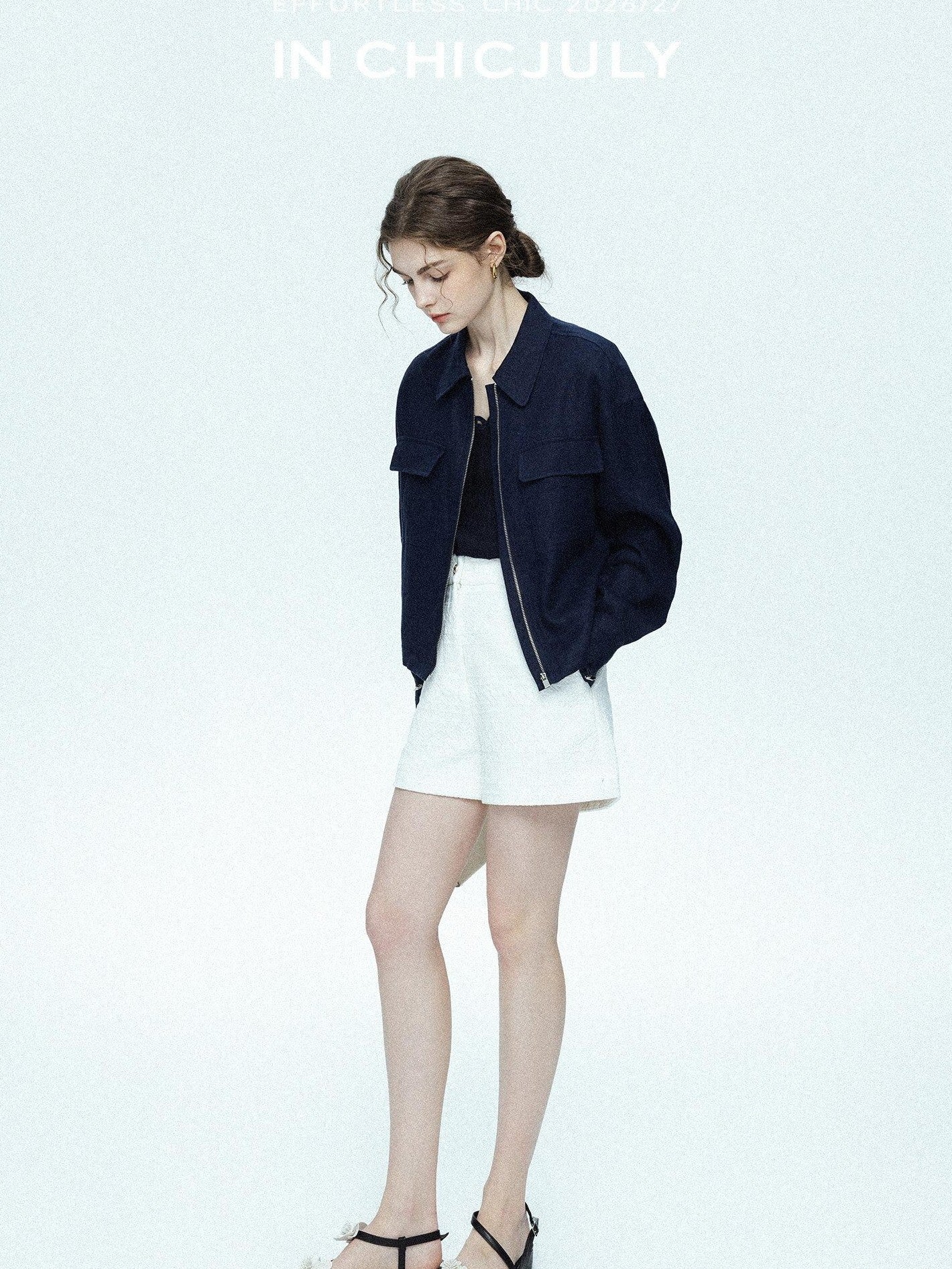 chicjuly Blue Harrington Drawstring Short Women's Linen Utility Jackets