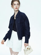 chicjuly Blue Harrington Drawstring Short Women's Linen Utility Jackets