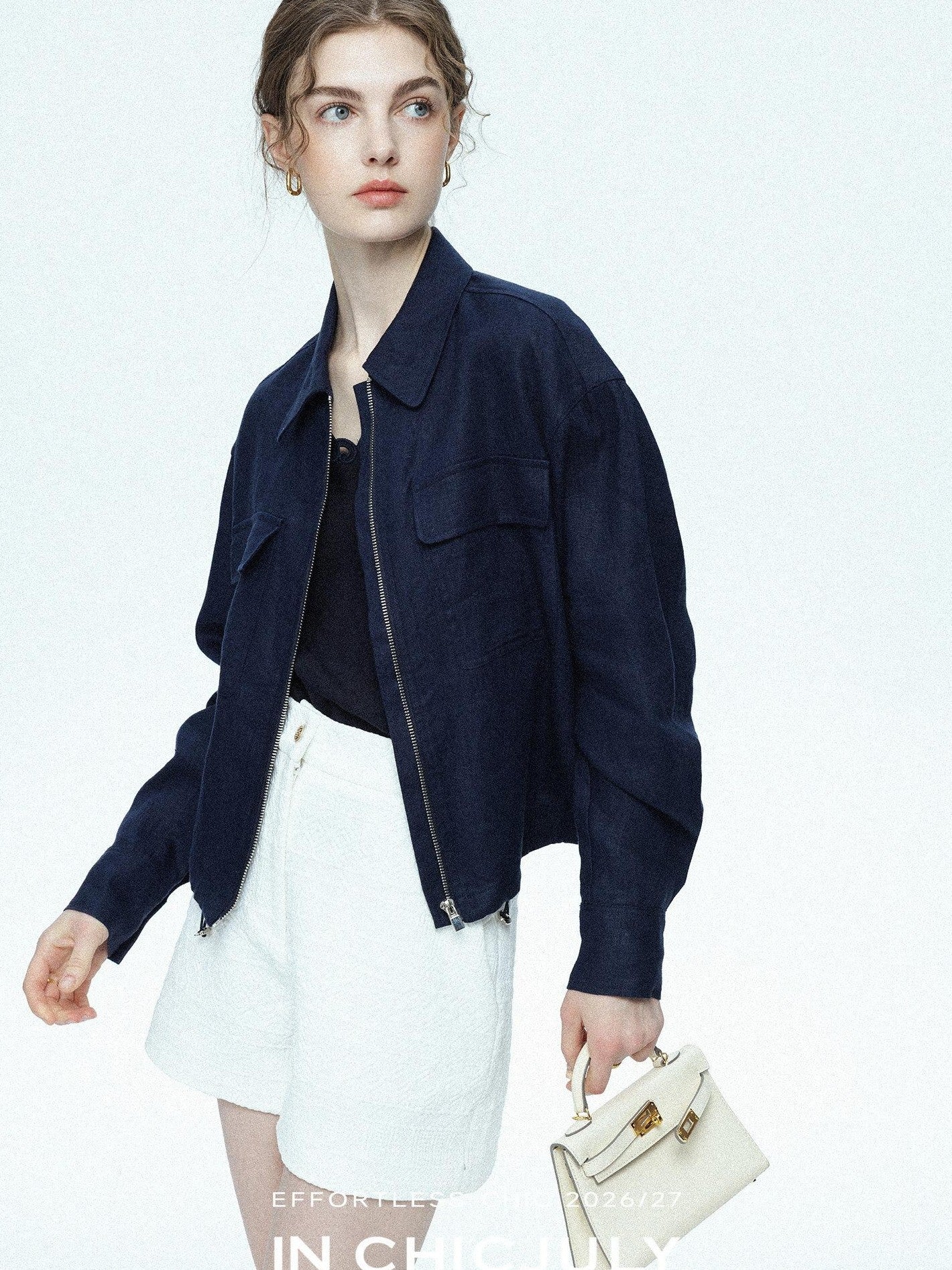 chicjuly Blue Harrington Drawstring Short Women's Linen Utility Jackets