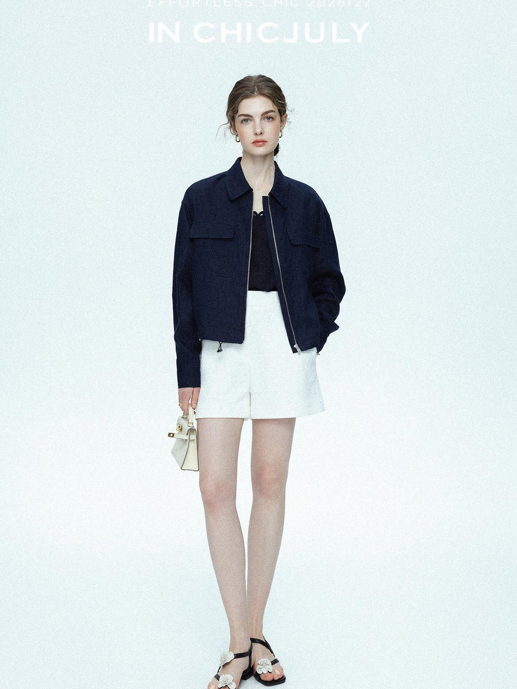 chicjuly Blue Harrington Drawstring Short Women's Linen Utility Jackets