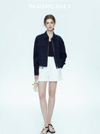 chicjuly Blue Harrington Drawstring Short Women's Linen Utility Jackets