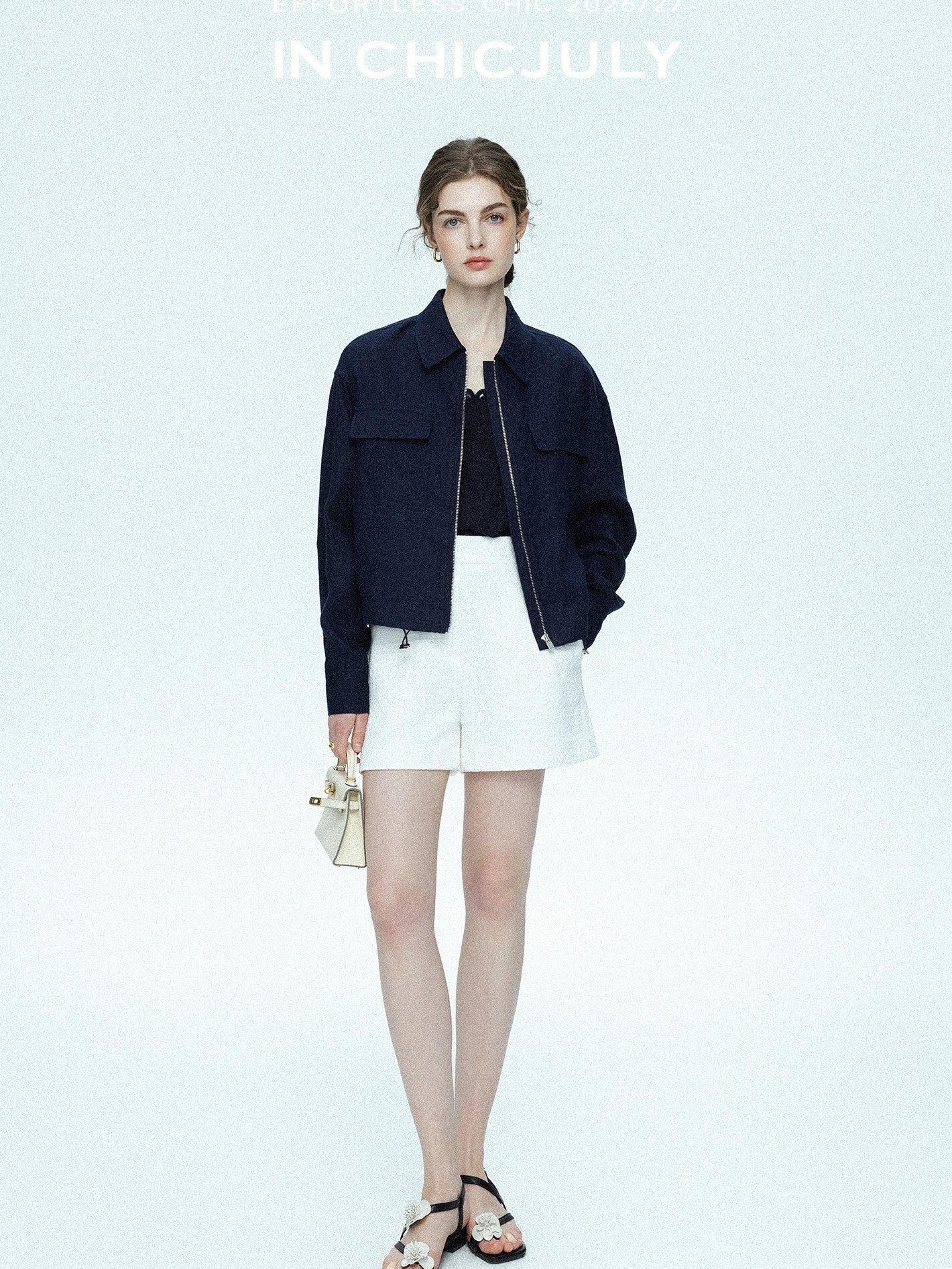 chicjuly Blue Harrington Drawstring Short Women's Linen Utility Jackets