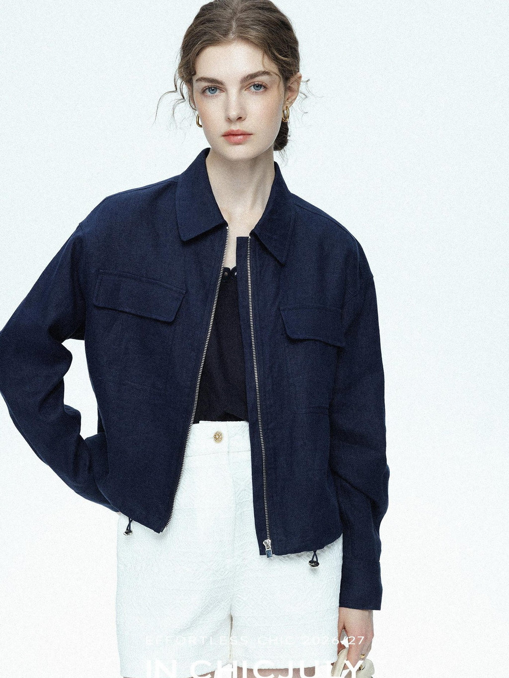 chicjuly Blue Harrington Drawstring Short Women's Linen Utility Jackets