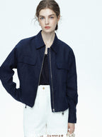 chicjuly Blue Harrington Drawstring Short Women's Linen Utility Jackets
