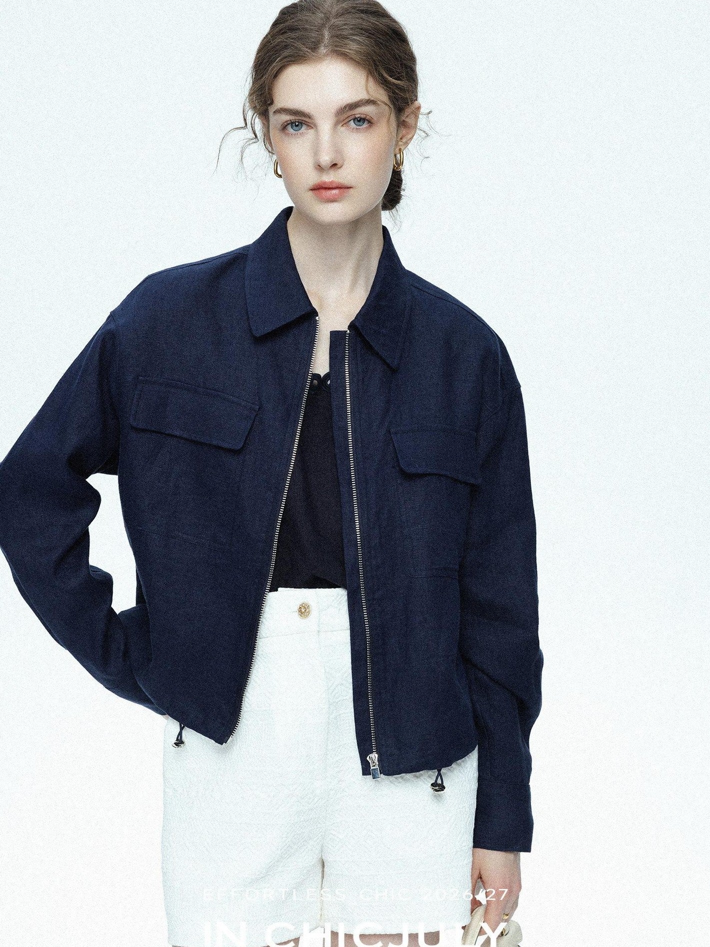 chicjuly Blue Harrington Drawstring Short Women's Linen Utility Jackets