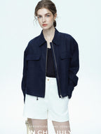 chicjuly Blue Harrington Drawstring Short Women's Linen Utility Jackets