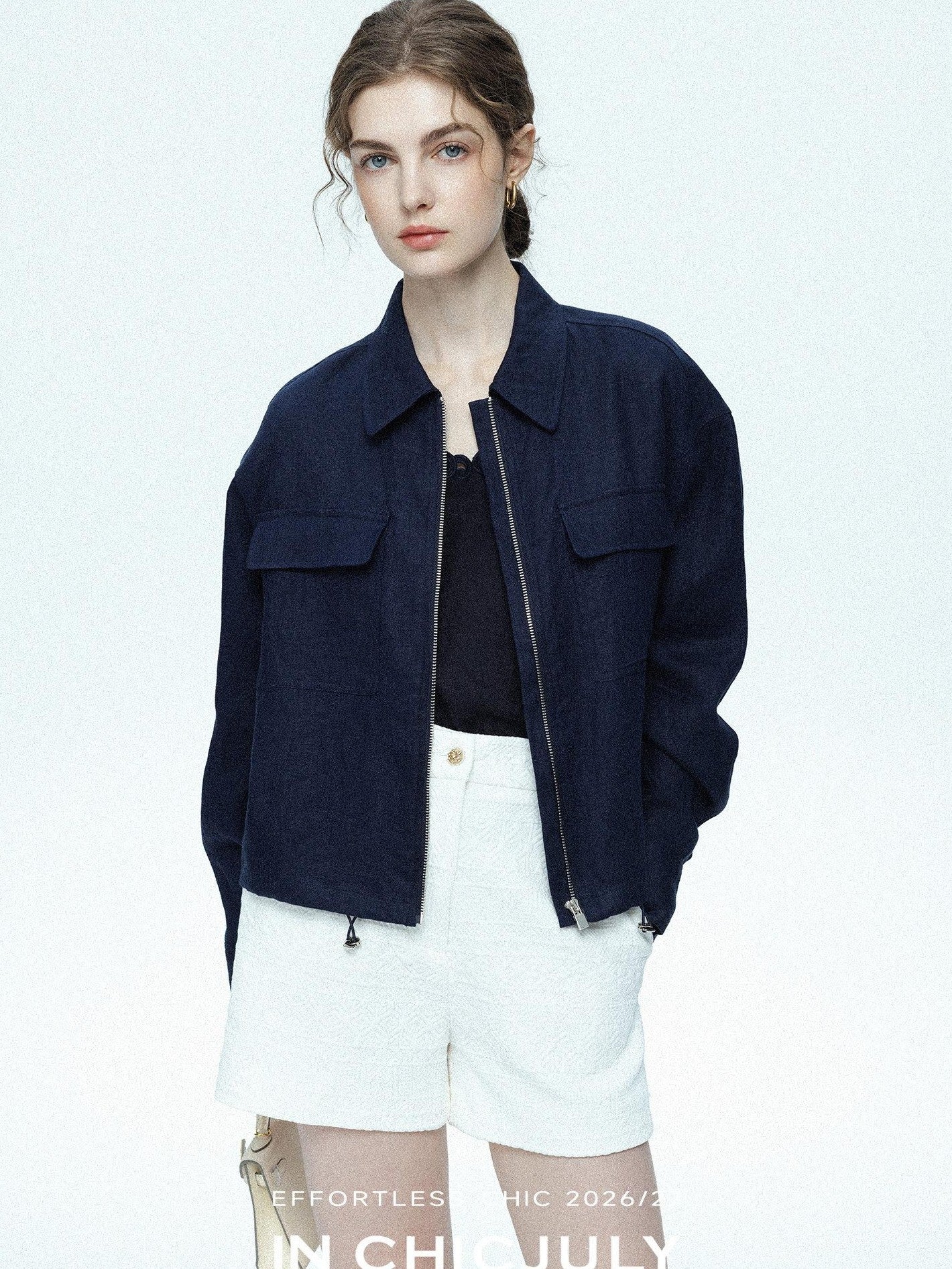 chicjuly Blue Harrington Drawstring Short Women's Linen Utility Jackets