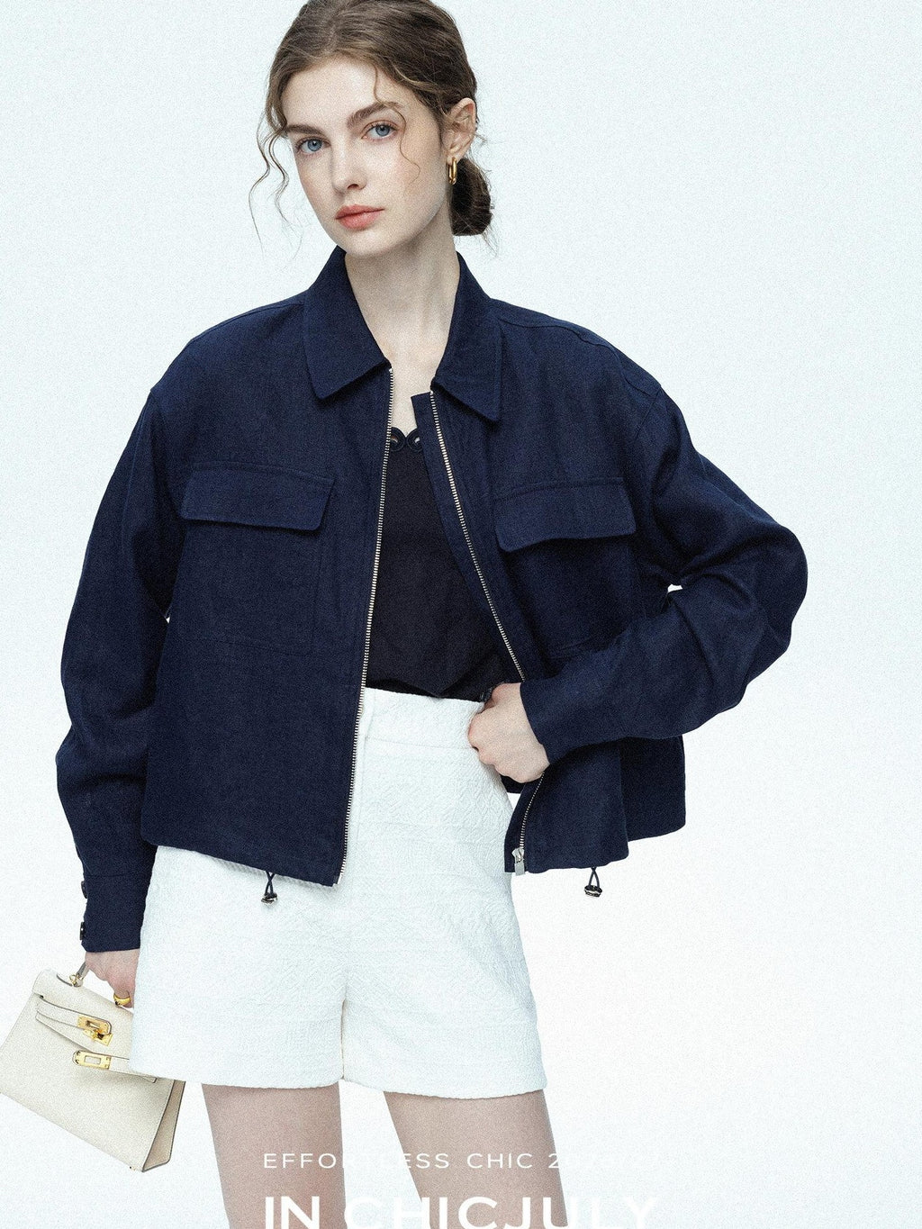 chicjuly Blue Harrington Drawstring Short Women's Linen Utility Jackets