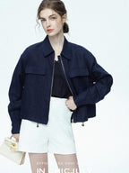 chicjuly Blue Harrington Drawstring Short Women's Linen Utility Jackets