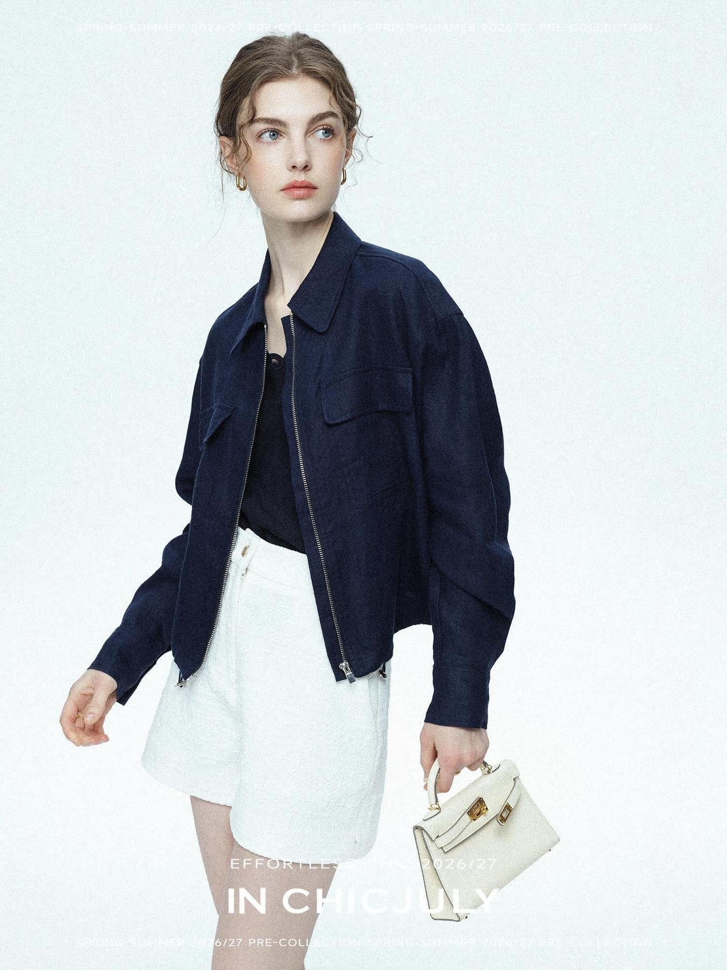 chicjuly Blue Harrington Drawstring Short Women's Linen Utility Jackets