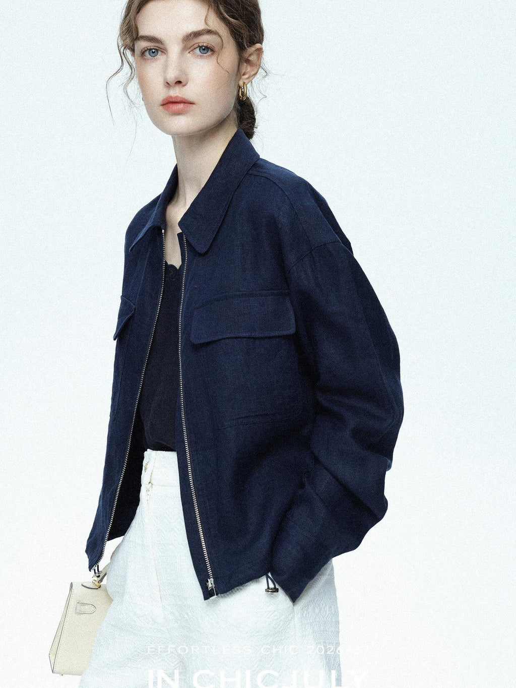 chicjuly Blue Harrington Drawstring Short Women's Linen Utility Jackets