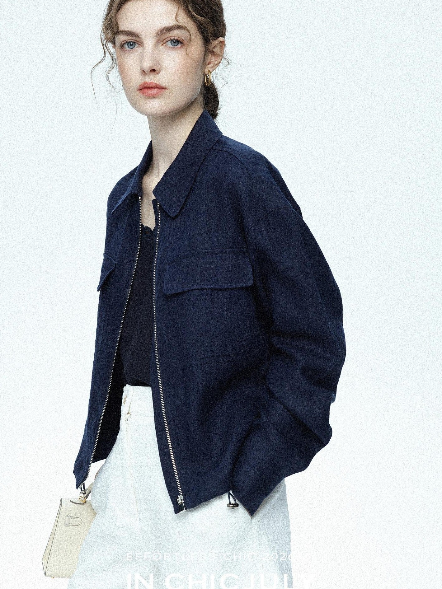 chicjuly Blue Harrington Drawstring Short Women's Linen Utility Jackets
