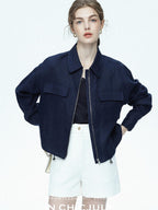 chicjuly Blue Harrington Drawstring Short Women's Linen Utility Jackets