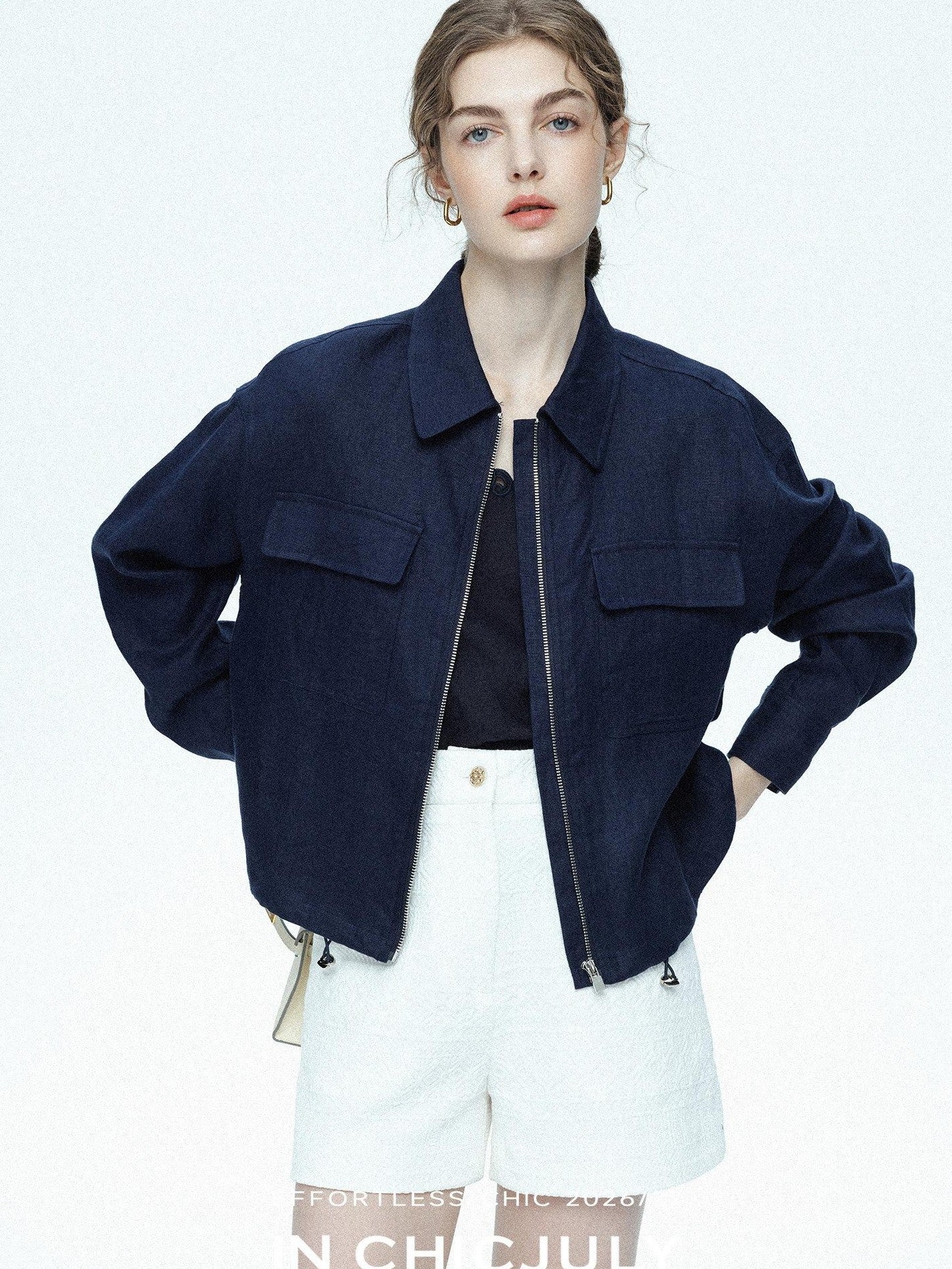 chicjuly Blue Harrington Drawstring Short Women's Linen Utility Jackets