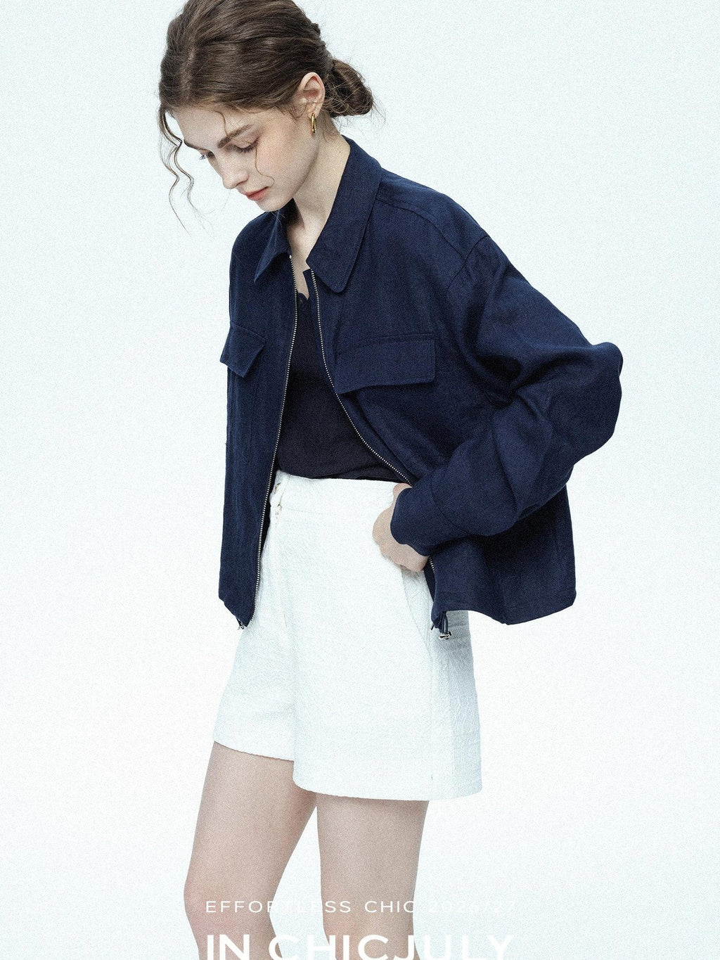chicjuly Blue Harrington Drawstring Short Women's Linen Utility Jackets
