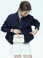 chicjuly Blue Harrington Drawstring Short Women's Linen Utility Jackets