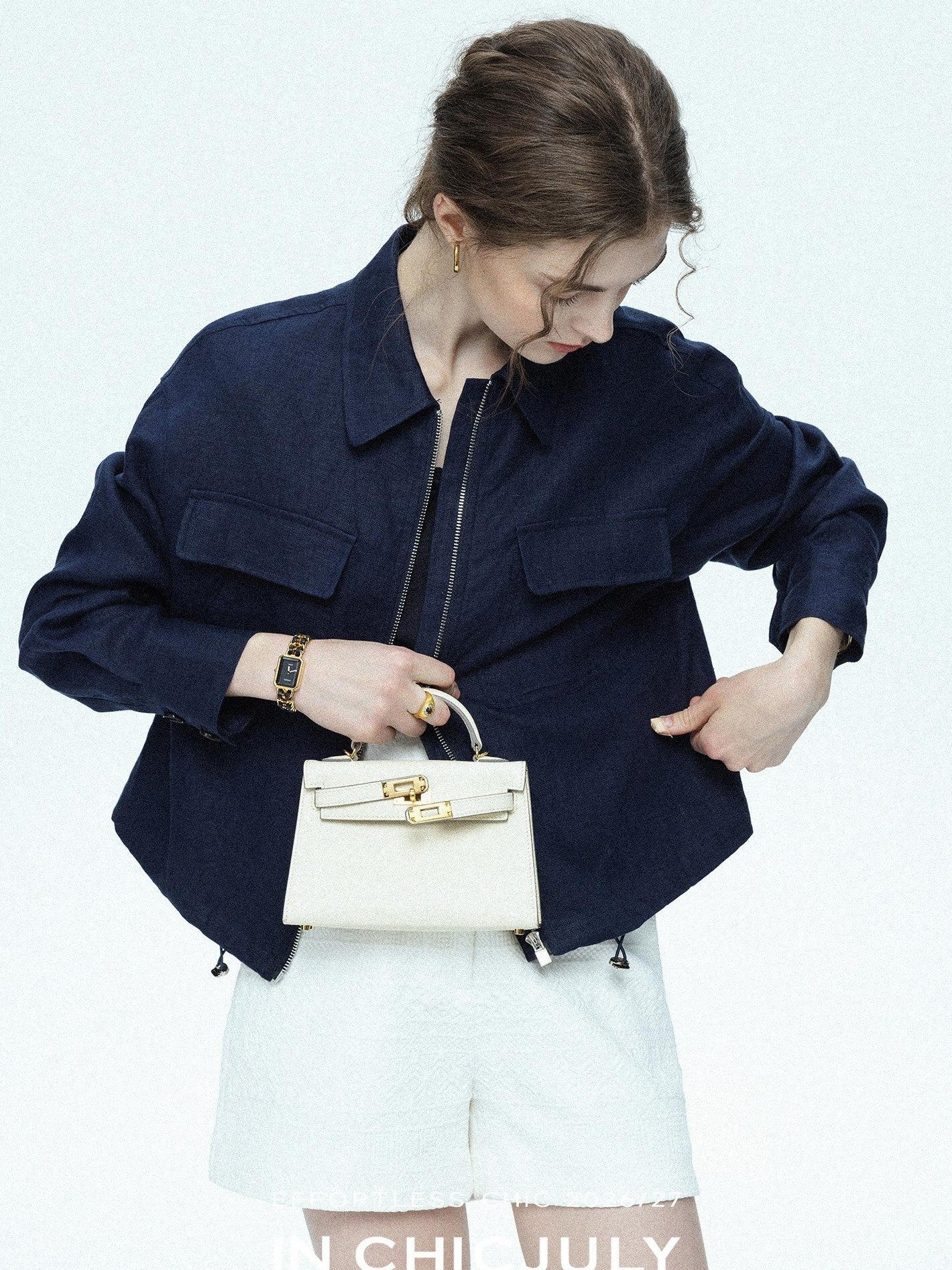 chicjuly Blue Harrington Drawstring Short Women's Linen Utility Jackets