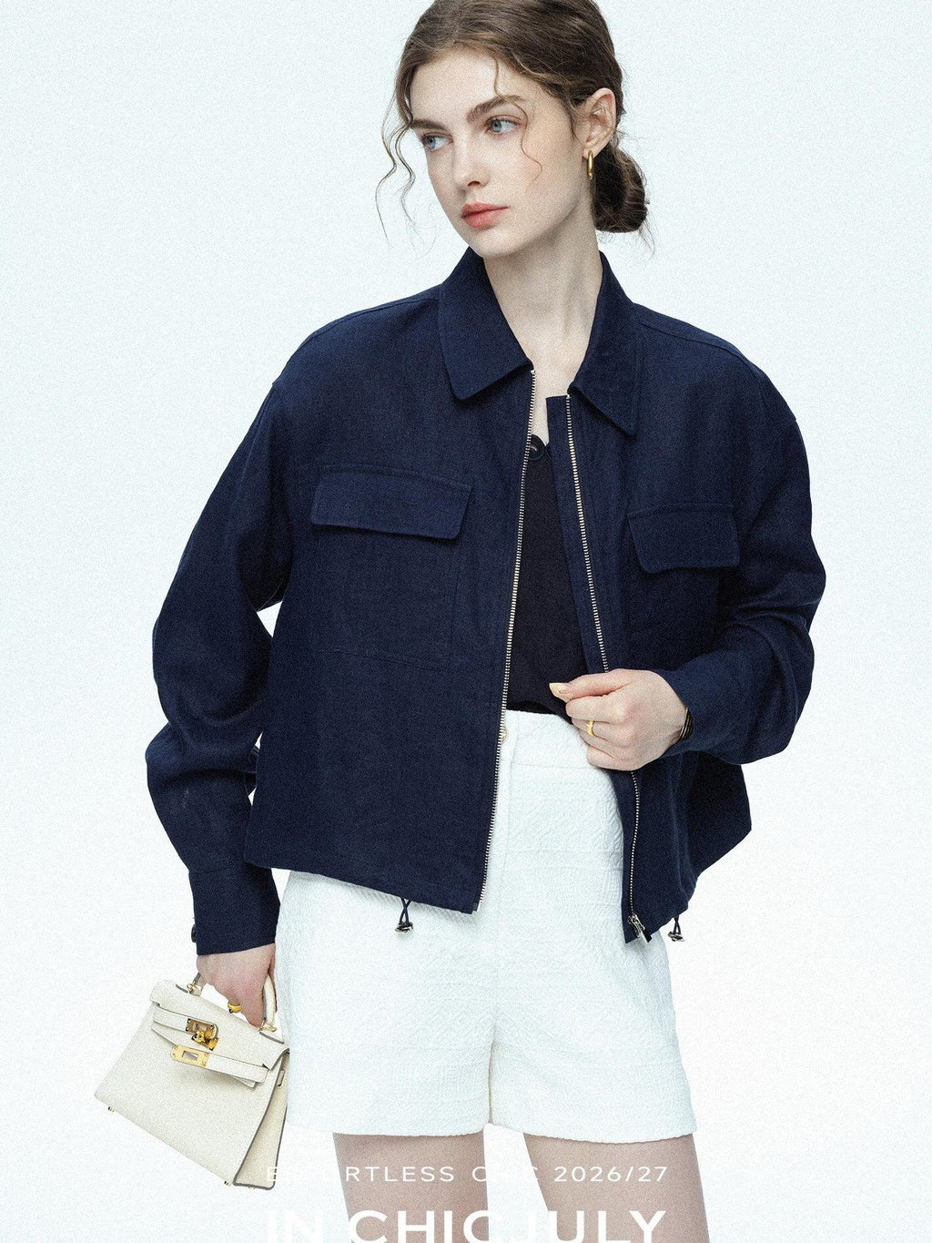 chicjuly Blue Harrington Drawstring Short Women's Linen Utility Jackets