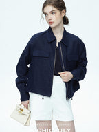 chicjuly Blue Harrington Drawstring Short Women's Linen Utility Jackets