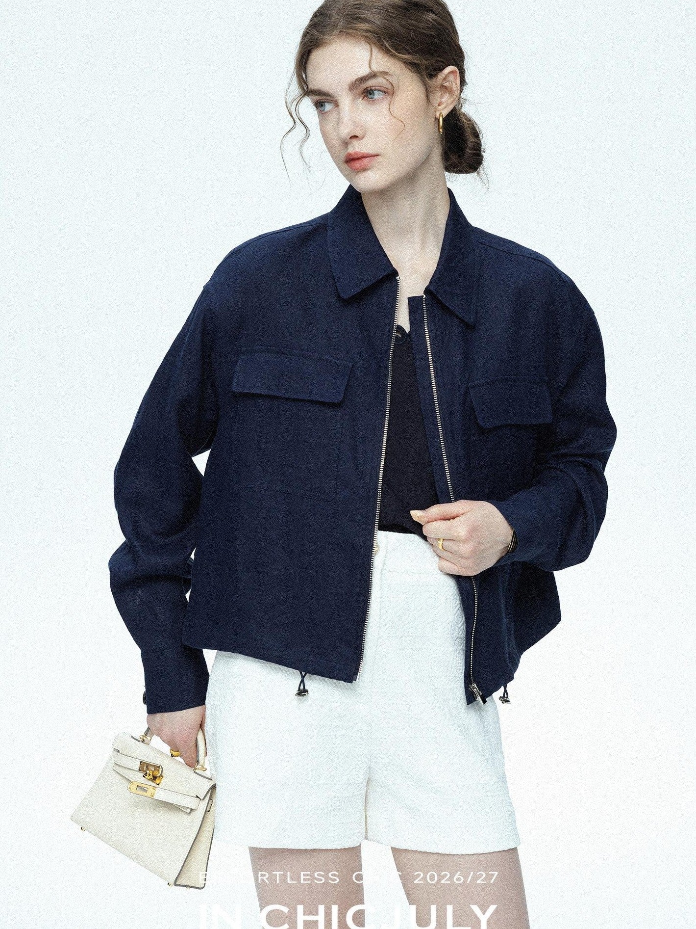 chicjuly Blue Harrington Drawstring Short Women's Linen Utility Jackets