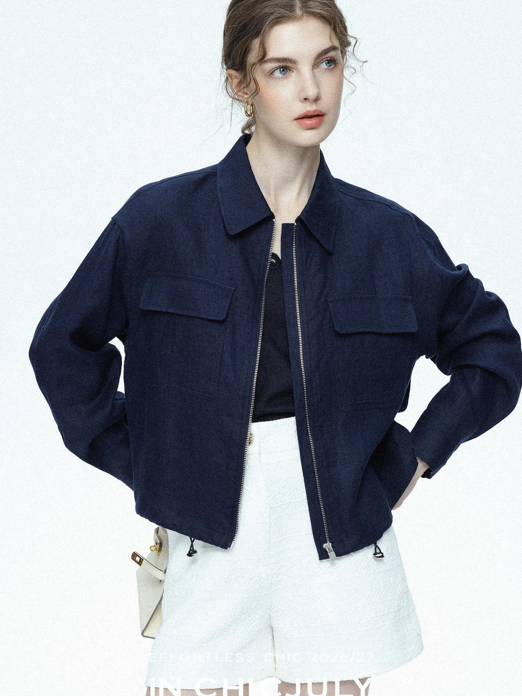 chicjuly Blue Harrington Drawstring Short Women's Linen Utility Jackets