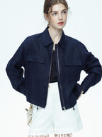 chicjuly Blue Harrington Drawstring Short Women's Linen Utility Jackets
