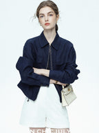 chicjuly Blue Harrington Drawstring Short Women's Linen Utility Jackets