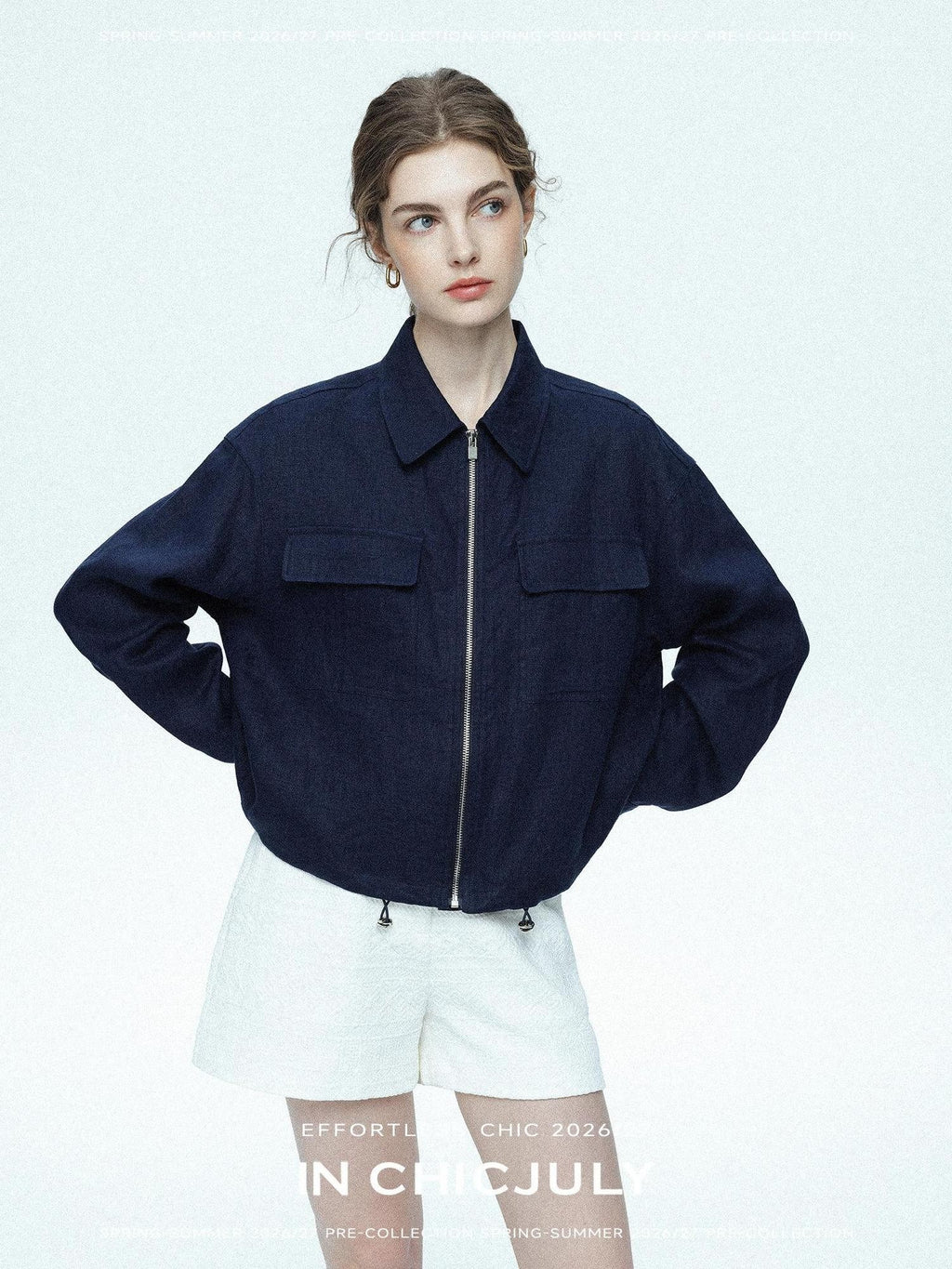 chicjuly Blue Harrington Drawstring Short Women's Linen Utility Jackets