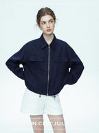 chicjuly Blue Harrington Drawstring Short Women's Linen Utility Jackets