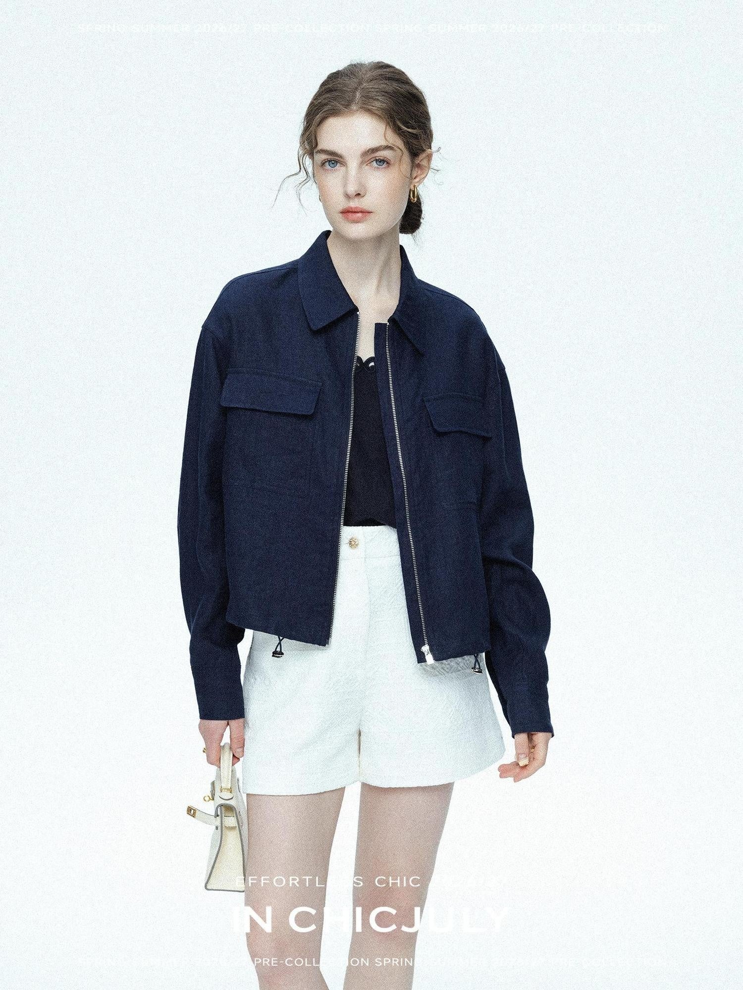 chicjuly Blue Harrington Drawstring Short Women's Linen Utility Jackets