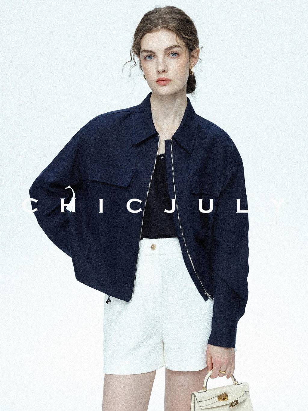 chicjuly Blue Harrington Drawstring Short Women's Linen Utility Jackets