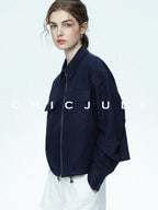chicjuly Blue Harrington Drawstring Short Women's Linen Utility Jackets