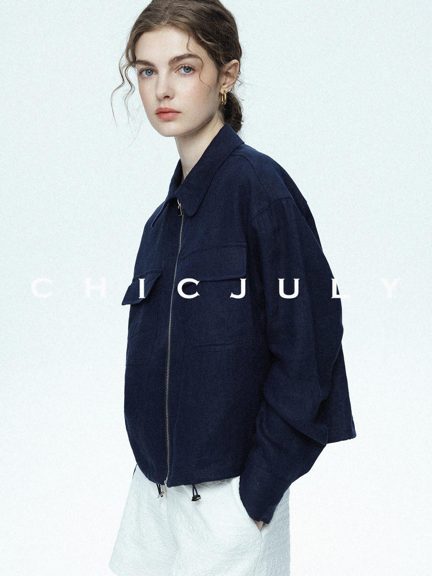 chicjuly Blue Harrington Drawstring Short Women's Linen Utility Jackets