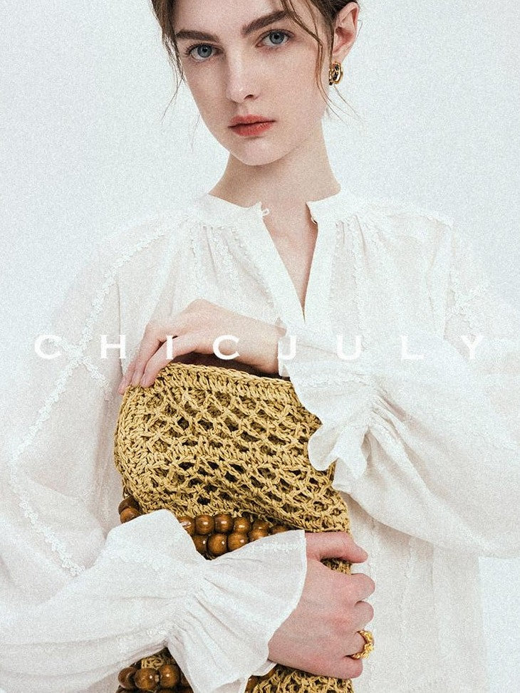 chicjuly Breathable Hand Crocheted 3d Floral Embroidered Women's Ramie Blouses