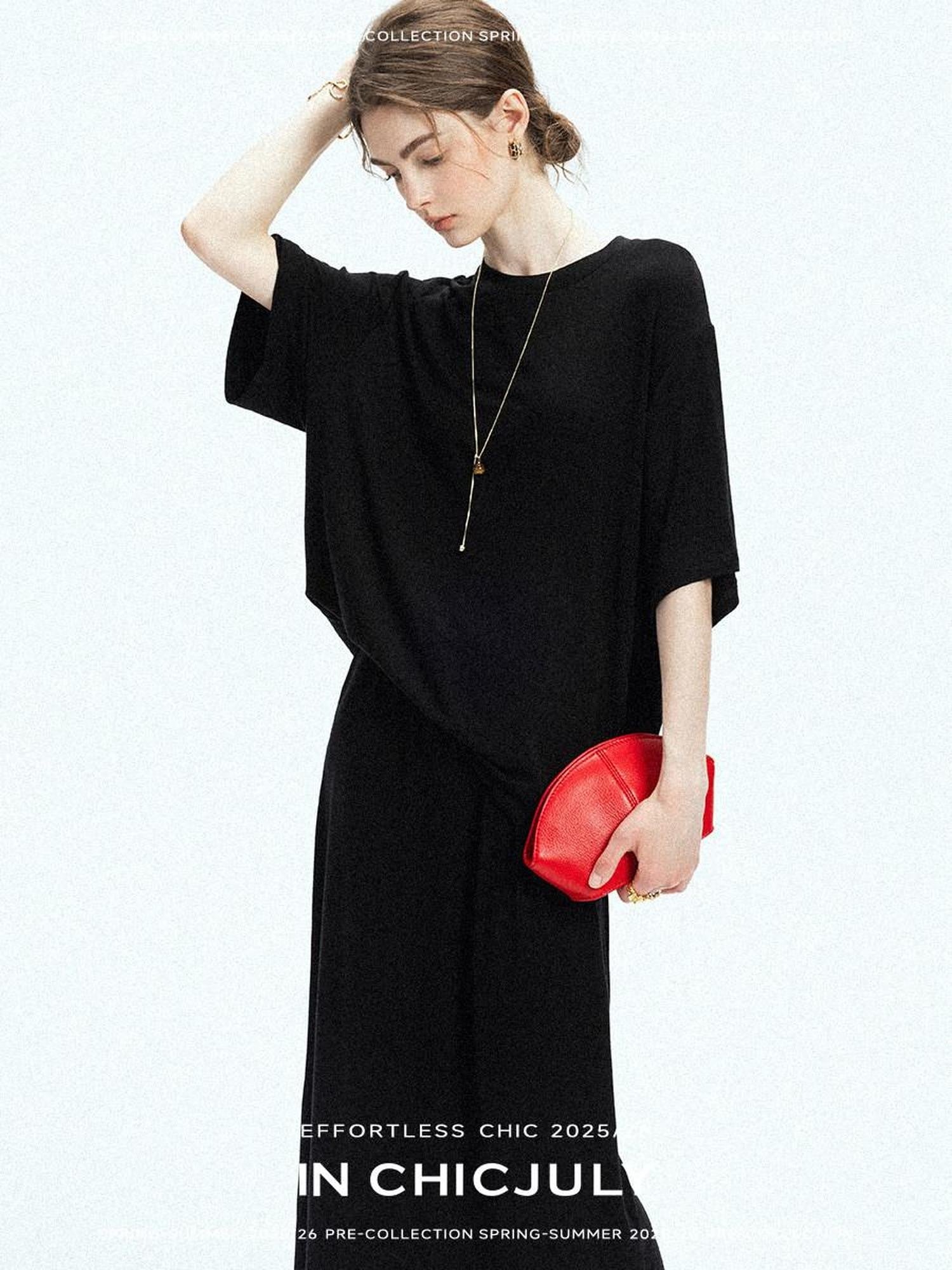 chicjuly Breathable Loose Short Sleeve High Waist Women's Tencel Wool Top & Skirt Sets