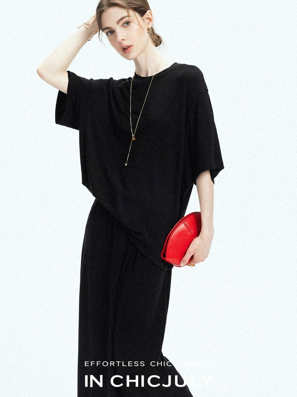 chicjuly Breathable Loose Short Sleeve High Waist Women's Tencel Wool Top & Skirt Sets