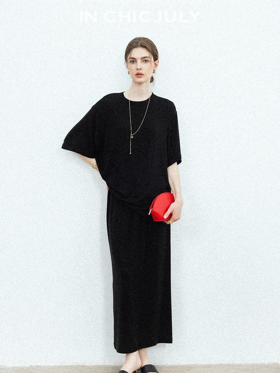 chicjuly Breathable Loose Short Sleeve High Waist Women's Tencel Wool Top & Skirt Sets