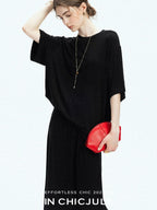 chicjuly Breathable Loose Short Sleeve High Waist Women's Tencel Wool Top & Skirt Sets