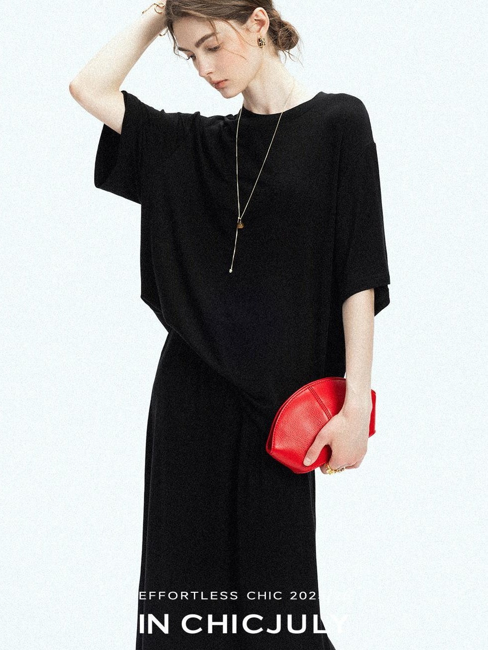 chicjuly Breathable Loose Short Sleeve High Waist Women's Tencel Wool Top & Skirt Sets