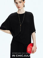 chicjuly Breathable Loose Short Sleeve High Waist Women's Tencel Wool Top & Skirt Sets