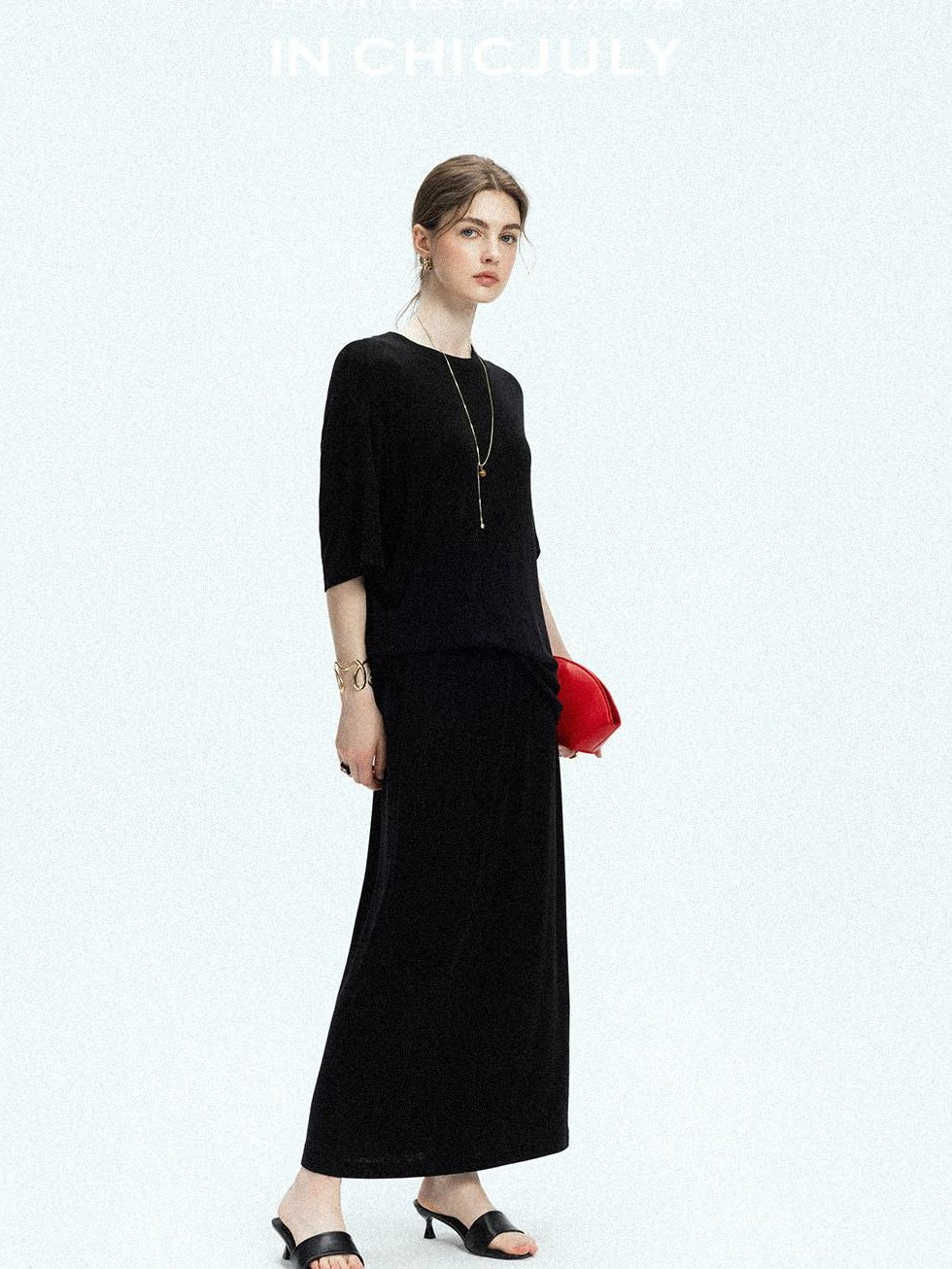 chicjuly Breathable Loose Short Sleeve High Waist Women's Tencel Wool Top & Skirt Sets