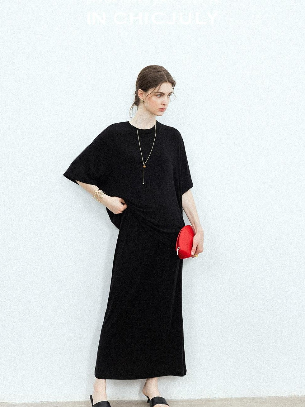 chicjuly Breathable Loose Short Sleeve High Waist Women's Tencel Wool Top & Skirt Sets
