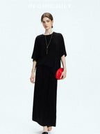 chicjuly Breathable Loose Short Sleeve High Waist Women's Tencel Wool Top & Skirt Sets