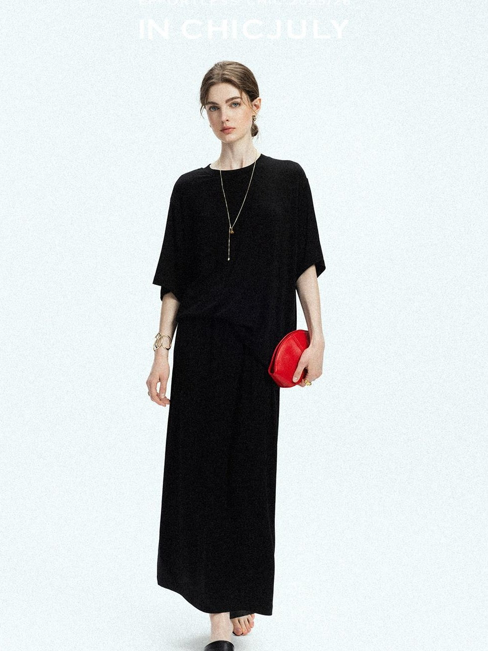 chicjuly Breathable Loose Short Sleeve High Waist Women's Tencel Wool Top & Skirt Sets