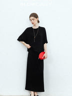 chicjuly Breathable Loose Short Sleeve High Waist Women's Tencel Wool Top & Skirt Sets
