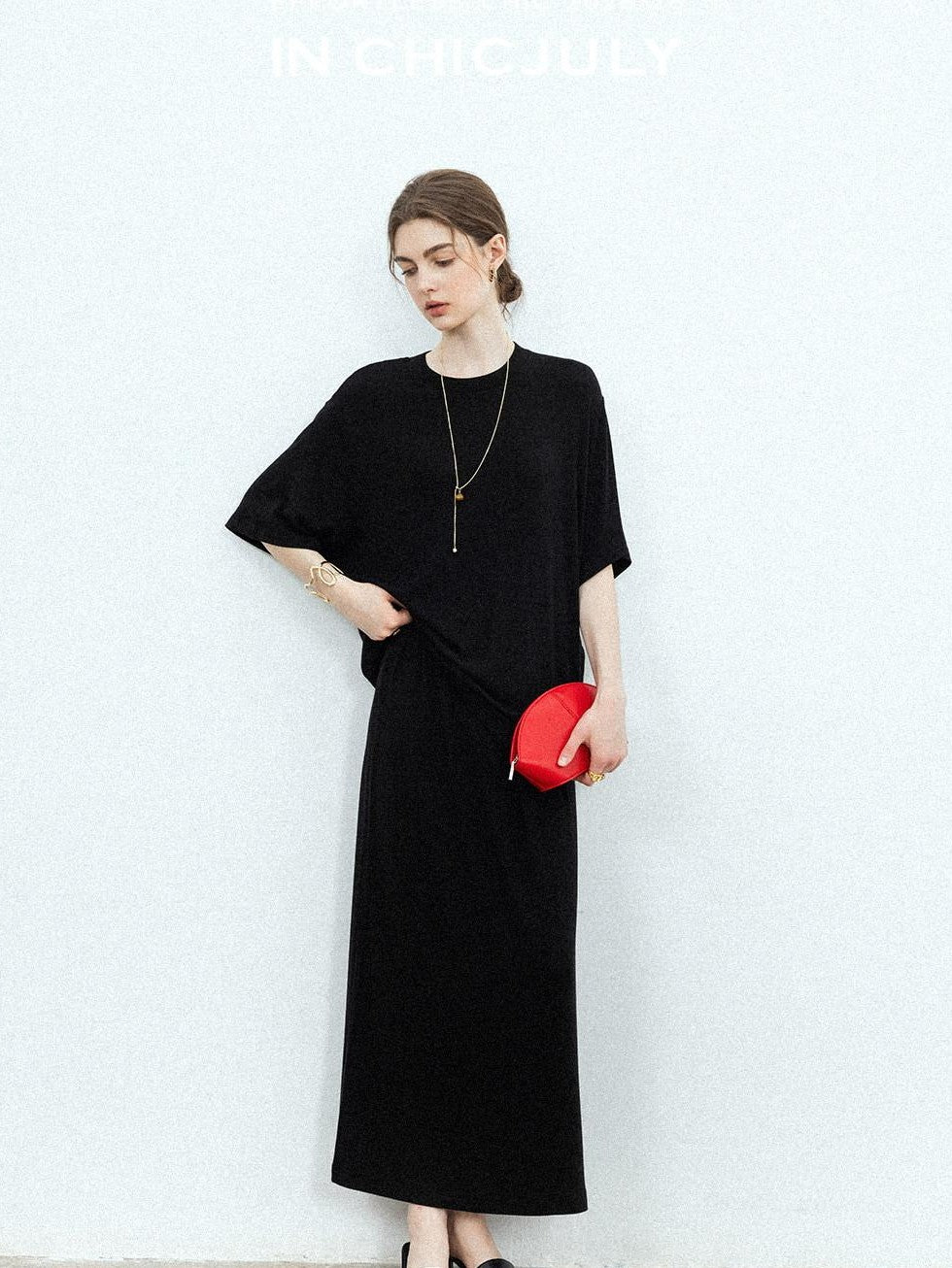 chicjuly Breathable Loose Short Sleeve High Waist Women's Tencel Wool Top & Skirt Sets