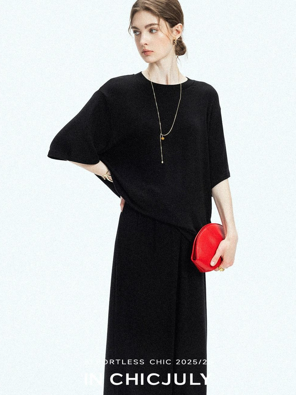 chicjuly Breathable Loose Short Sleeve High Waist Women's Tencel Wool Top & Skirt Sets